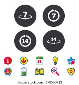 Return of goods within 7 or 14 days icons. Warranty 2 weeks exchange symbols. Calendar, Information and Download signs. Stars, Award and Book icons. Light bulb, Shield and Search. Vector
