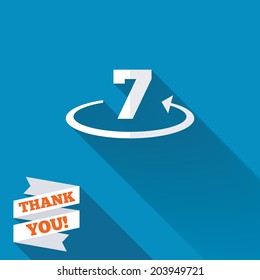 Return of goods within 7 days sign icon. Warranty exchange symbol. White flat icon with long shadow. Paper ribbon label with Thank you text. Vector