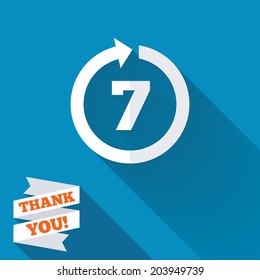 Return of goods within 7 days sign icon. Warranty exchange symbol. White flat icon with long shadow. Paper ribbon label with Thank you text. Vector