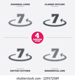 Return of goods within 7 days sign icon. Warranty exchange symbol. Diagonal and horizontal lines, classic outline, dotted texture. Pattern design icons.  Vector
