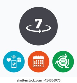 Return of goods within 7 days sign icon. Warranty exchange symbol. Mobile payments, calendar and wifi icons. Bus shuttle.