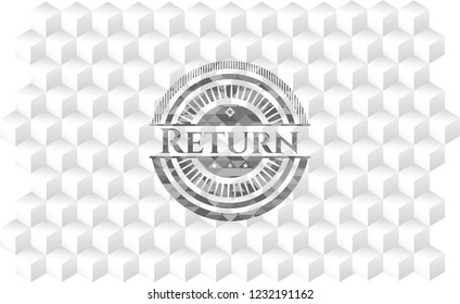 Return grey badge with geometric cube white background