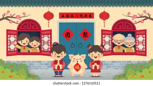 Return home, 2019 chinese new year greeting card. Chinese cartoon family in flat vector illustration. (caption: Reunion ; five blessing come knocking at your door to celebrate new year)