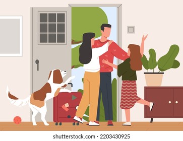 Return In Home. Father Came Home From Work, Happy Family Meets Dad On House Doorstep, People Greet And Hug, Dog Owner, Long Awaited Joyful Meeting, Nowaday Vector Cartoon Flat Concept