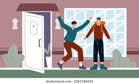 Return home. Long awaited friends meeting. Traveler on house doorstep. People run into each other arms. Guy with backpack coming back at apartment. Greeting embrace