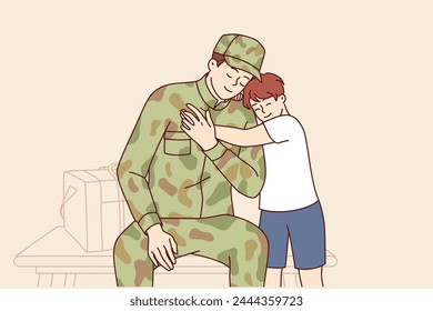 Rückkehr nach Hause des Soldaten, der in der Armee gedient hat und freut sich über das lang erwartete Treffen mit dem Sohn. Der liebende Junge trifft den Heldenvater in Tarnkleidung von der Armee oder nimmt gefährliche Aufgaben im Krieg wahr.