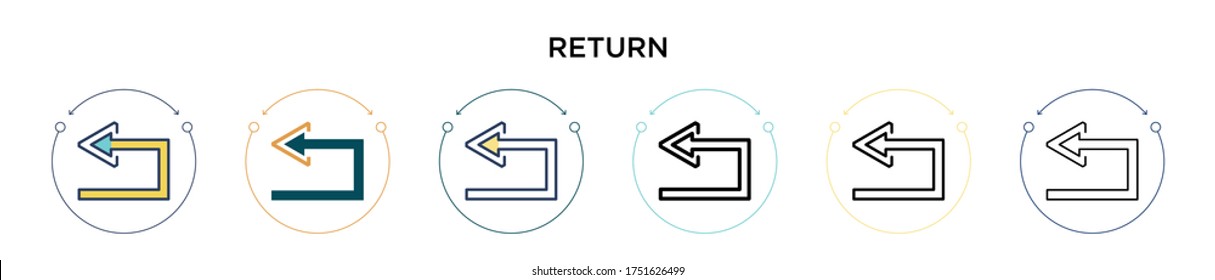 Return icon in filled, thin line, outline and stroke style. Vector illustration of two colored and black return vector icons designs can be used for mobile, ui, web