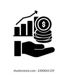 Icono de retorno de la inversión con mano, gráfico y monedas
