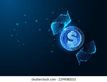 Return of investment, cashback concept with dollar coin and arrow symbol in futuristic glowing style