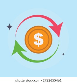 Rückgabe des Anlagensymbolsatzes. Dollarsymbole mit Pfeil. Kosten für Dollar mit Pfeil runter und rauf. Dollarmünze mit Verlust oder Wachstum. Steigerung und geringe Einnahmen. 