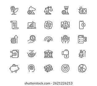 Return To Investment Icon Set, Editable Stroke. Contains such icons as Currency, Price, Paying, Cash Back - Financial Transaction, Giving, Finance, Banking