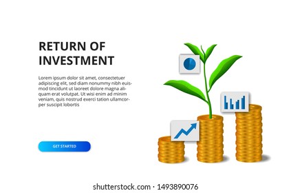 Return of investment ROI concept with illustration of golden coin and plant tree leaves growth for business and finance