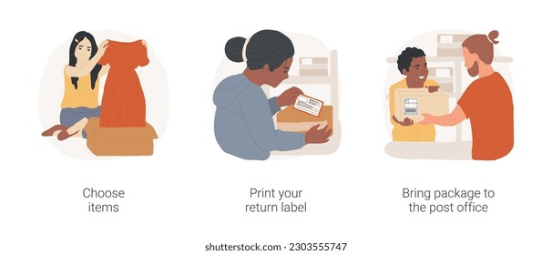 Return items ordered isolated cartoon vector illustration set. Teenage girl unpacking parcel, choosing clothes, print your return label, bring package to the post office, ecommerce vector cartoon.