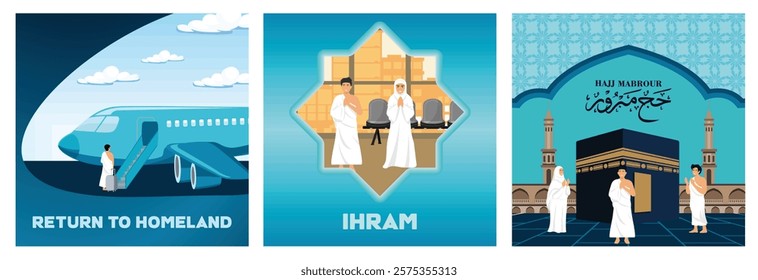 Return Journey to Homeland. Muslim Pilgrims Wearing Ihram Attire Ready for Hajj. Hajj or Umrah Pilgrimage with Kaaba Background.  Set flat vector modern illustration 