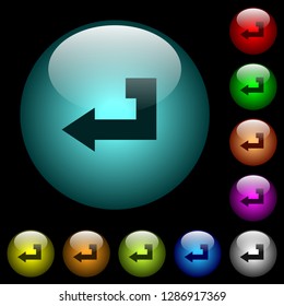 Return key icons in color illuminated spherical glass buttons on black background. Can be used to black or dark templates