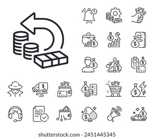 Return money sign. Cash money, loan and mortgage outline icons. Cash back line icon. Bank benefits symbol. Cash back line sign. Credit card, crypto wallet icon. Inflation, job salary. Vector