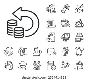Devolver el signo de dinero. Dinero en efectivo, préstamos e iconos de esquema de hipoteca. Icono de línea de devolución de efectivo. Símbolo de beneficios bancarios. Señal de línea de devolución de efectivo. Tarjeta de crédito, icono de monedero cripto. Inflación, salario laboral. Vector
