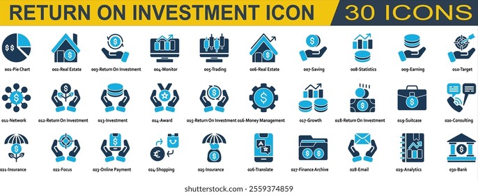 Return on Invesment icon set. Containing Trading,Saving,Statistics,Earning,Target,Network,Investment,Money Management,Growth,Consulting,Insurance,Online Payment,Shopping and Bank. Line Syle