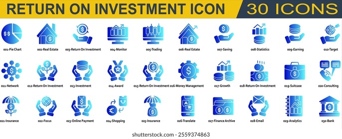 Return on Invesment icon set. Containing Trading,Saving,Statistics,Earning,Target,Network,Investment,Money Management,Growth,Consulting,Insurance,Online Payment,Shopping and Bank. Line Syle