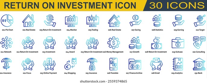 Return on Invesment icon set. Containing Trading,Saving,Statistics,Earning,Target,Network,Investment,Money Management,Growth,Consulting,Insurance,Online Payment,Shopping and Bank. Line Syle