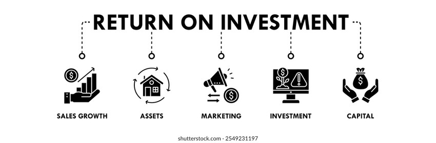 Ilustração do ícone da Web da faixa de retorno sobre o investimento com o ícone de crescimento de vendas, ativos, marketing, investimento e capital