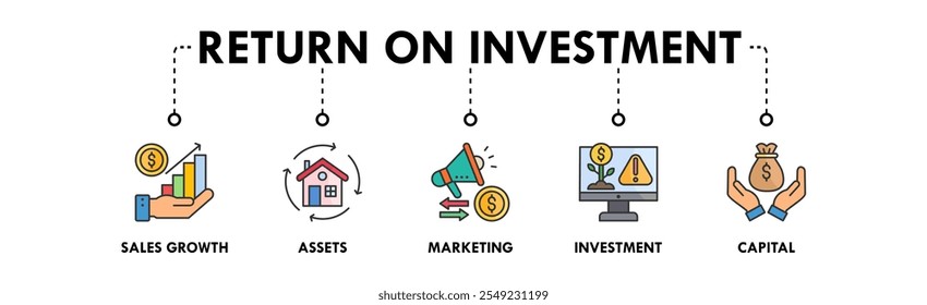 Ilustração do ícone da Web da faixa de retorno sobre o investimento com o ícone de crescimento de vendas, ativos, marketing, investimento e capital