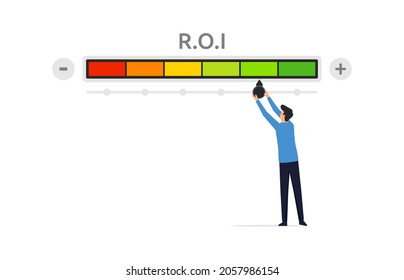 Return on investment color scale concept, man trying to move needle to green sign illustration