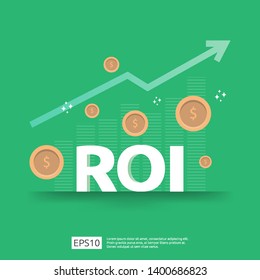 Return on investment concept. business growth arrows to success. ROI text with grow dollar coins plant. chart increase profit. Finance stretching rising up. banner flat style vector illustration.