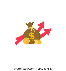 Return on investment concept. Business growth arrows to success. Gold coins and money bag. Chart increase profit. Finance rising up. Flat style vector illustration