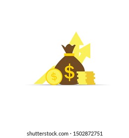Return on investment concept. Business growth arrows to success. Gold coins and money bag. Chart increase profit. Finance rising up. Flat style vector illustration