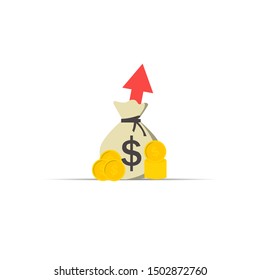 Return on investment concept. Business growth arrows to success. Gold coins and money bag. Chart increase profit. Finance rising up. Flat style vector illustration