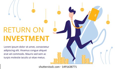 Return On Investment Concept Flat Cartoon Banner Vector Illustration. ROI Business Marketing Background. Profit Or Financial Income Strategy. Businessman Character Standing Under Money Coins Rain.