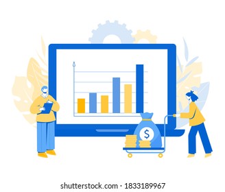 Return on investment concept. Man makes note on the tablet and woman rolls cart with coins and money bag. Vector illustration.