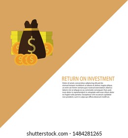 Return on investment concept with money bag and coins. Investment income, net profit, up schedule, the successful turnover on invested funds.