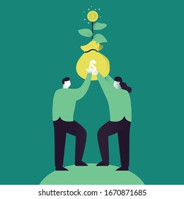 Concepto de rentabilidad de la inversión, gráfico y gráfico de rentabilidad, negocio, beneficio y éxito. Árbol de dinero en crecimiento, monedas de oro en ramas. Símbolo de riqueza. Ilustración vectorial de estilo plano