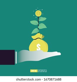 Return on investment concept, ROI chart and graph, Business, profit, and success. Growing money tree, Gold coins on branches. Symbol of wealth. Flat style vector illustration