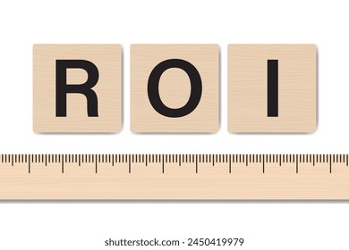 Return on investment concept. ROI text on wooden cubes, measuring ruler isolated on white background. Performance measure of business efficiency, target and goals. vector illustration