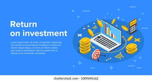 Return on investment concept vector illustration in isometric design. ROI business marketing background. Profit or financial income strategy web banner.