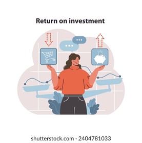 Return on investment concept. Woman balances shopping cart and piggy bank, visualizing growth and profit in e-commerce ventures. Digital marketing insights. Flat vector illustration