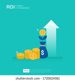 Return on investment design vector illustration. Profit opportunity concept. business growth arrows to success. arrow with dollar plant coins, graph and chart increase. 