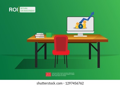 Return on investment with desk and PC office concept. Business marketing chart. Profit income. Vector illustration with green background.