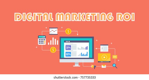 Return On Investment, Digital Marketing, ROI, Marketing Analysis Flat Vector Concept Isolated On Red Background