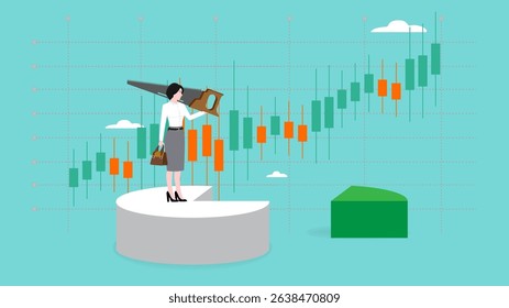 return on investment, dividends or investment profit, business investors get profits from investment, investment growth growth followed by a lot of income, woman cutting out a piece of pie chart