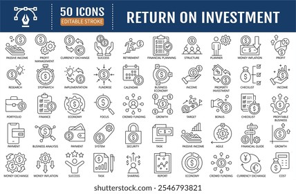 Return on Investment Editable Line Icon Set. Containing financia planning, accounting, insurance, tax receipt, structure , planner icon. Vector Illustration