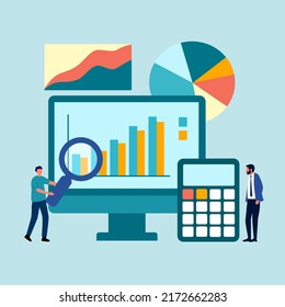 Return on investment expectation concept vector illustration. Businessman with statistical data on computer screen and calculator in flat design.
