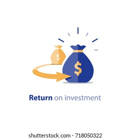 Return on investment, finance consolidation, budget planning, savings account, income growth, long term investment, refinancing concept, vector flat icon