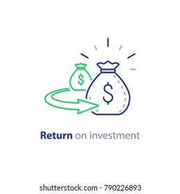 Return on investment, finance consolidation, budget planning, savings account, income growth, long term investment, refinancing concept, vector line icon