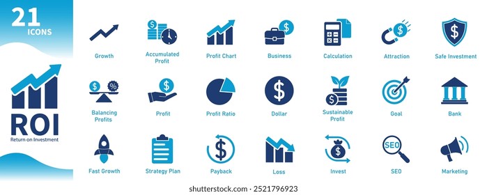 Icono de retorno de la inversión. Colección de íconos sobre negocios, finanzas, ganancias, dinero, ROI, crecimiento. Iconos sólidos del vector.