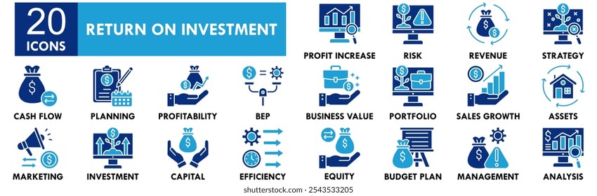 ícone do Return On Investment conjunto de coleta. Contendo investimento em design, lucro, negócios, finanças, dinheiro, finanças