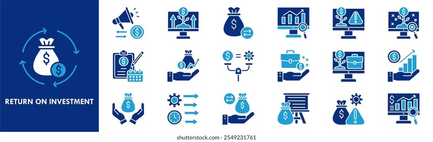 ícone do Return On Investment conjunto de coleta. Contendo investimento em design, lucro, negócios, finanças, dinheiro, finanças